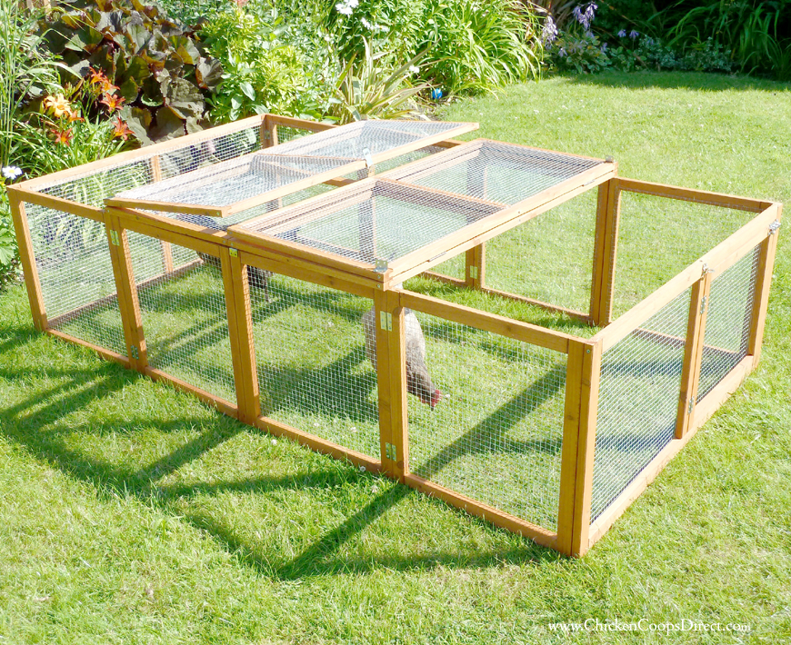 Folding chicken run with top sections open